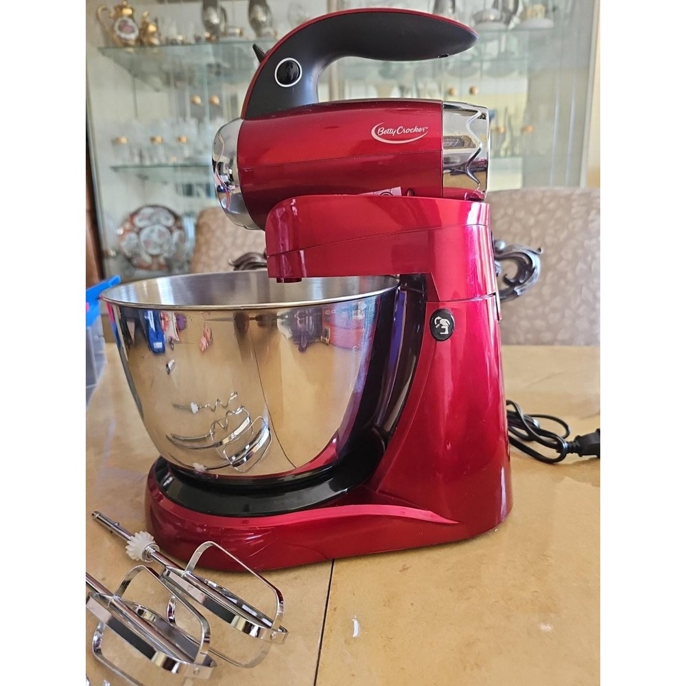Betty Crocker 2-in-1 Stand and Hand Mixer Metallic Red BC-2352C with Bowl Hooks